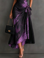 Wrap Midi Dress Abstract Print Tie Waist Ruffled Hem