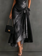 Wrap Midi Dress Abstract Print Tie Waist Ruffled Hem