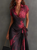 Wrap Midi Dress Abstract Print Tie Waist Ruffled Hem