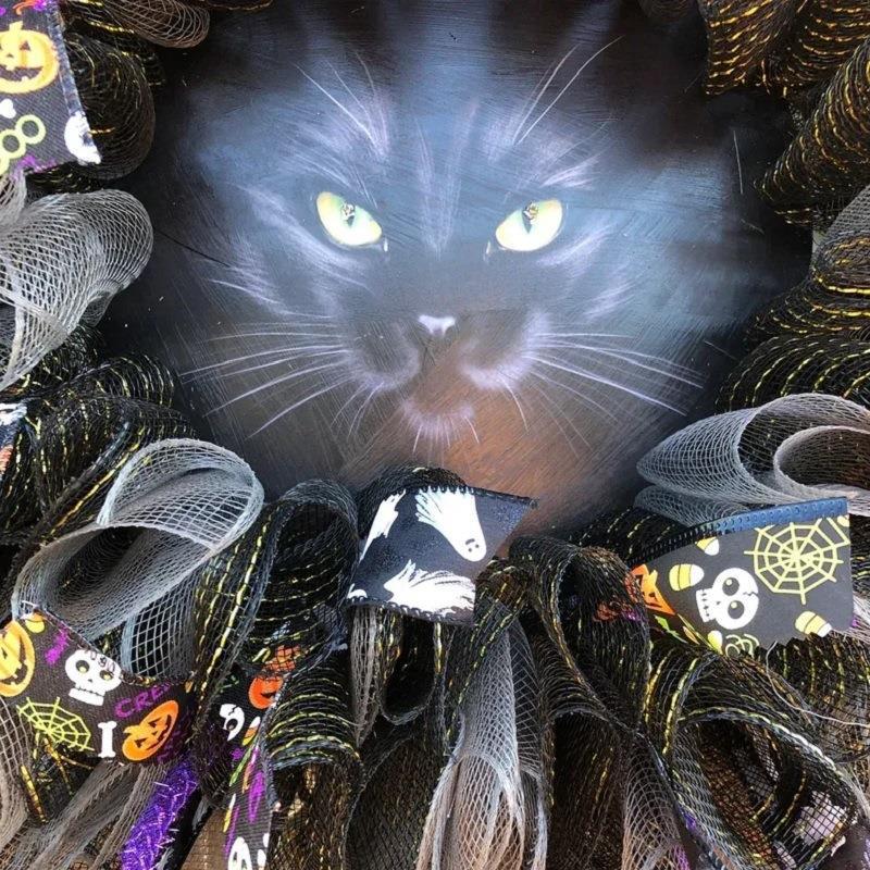 Wreath Black Cat LED Illuminated Battery Operated 40cm