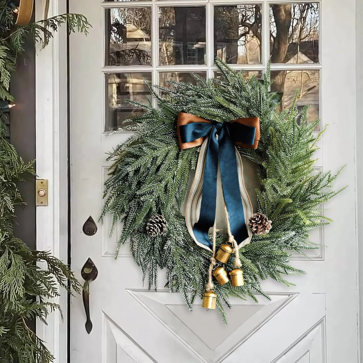 Wreath Faux Evergreen 18 Inch Ribbon & Bells