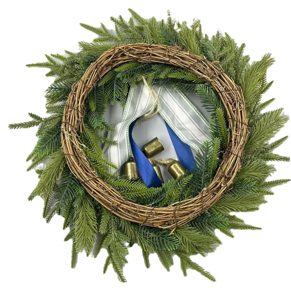 Wreath Faux Evergreen 18 Inch Ribbon & Bells