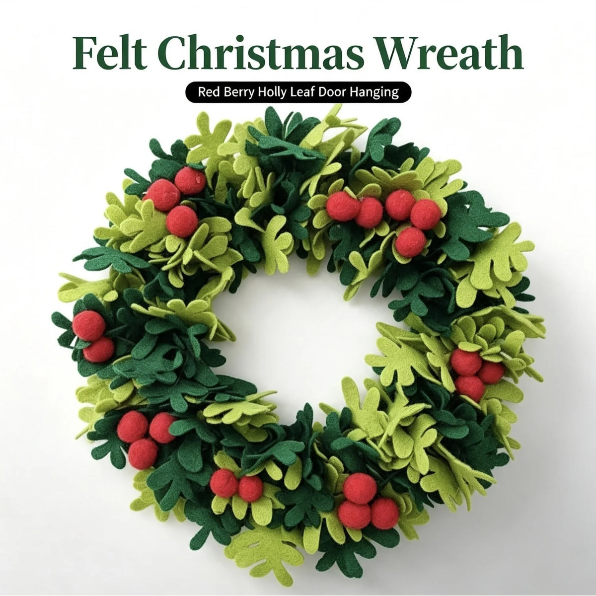 Wreath Felt Holly Leaves & Red Berries 45cm