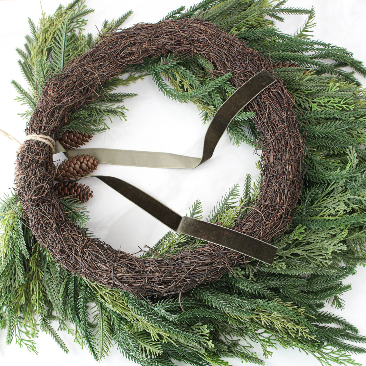Wreath Heart Shaped Pine With Pinecones & Hunter Green Ribbon