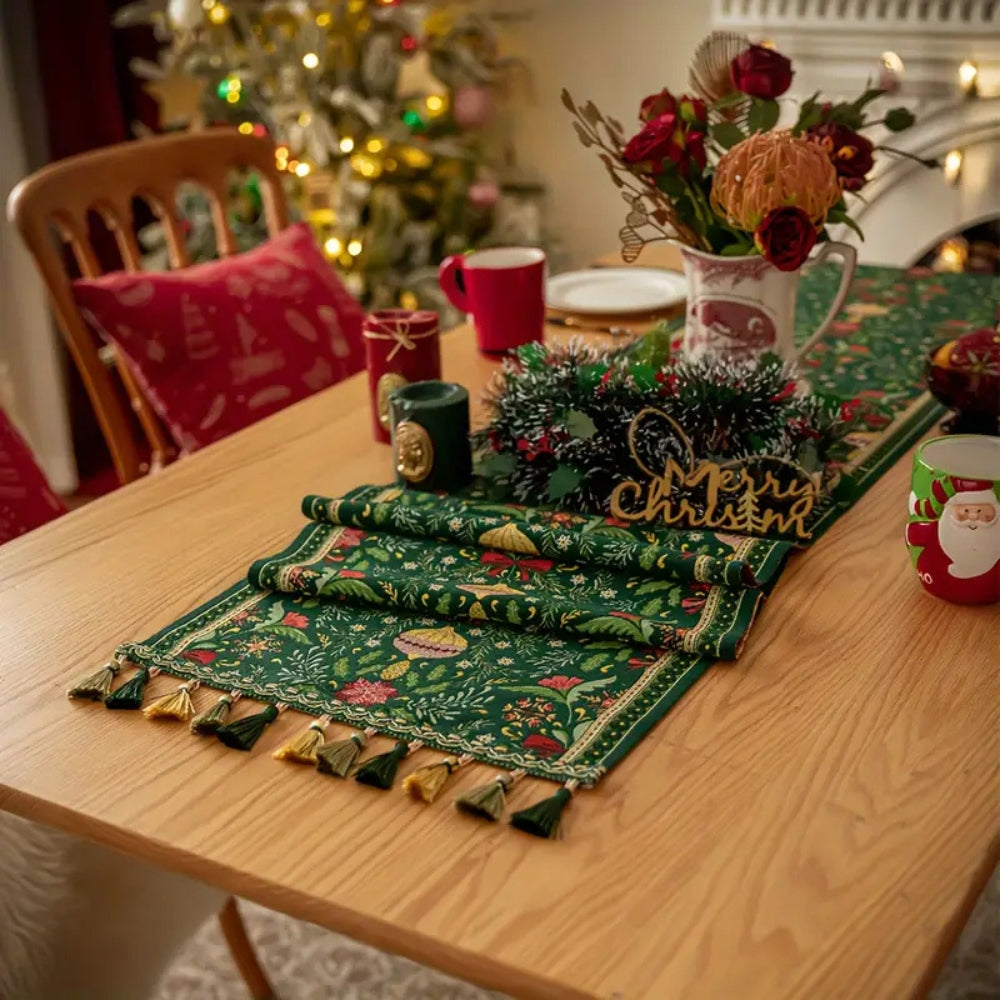 Wrinkle & Fade-Resistant Polyester Botanical Table Runner With Tassels