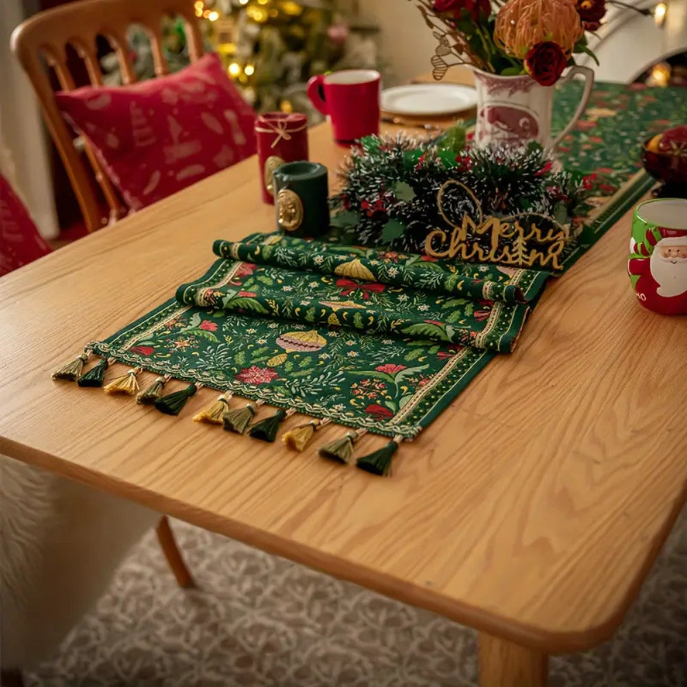 Wrinkle & Fade-Resistant Polyester Botanical Table Runner With Tassels