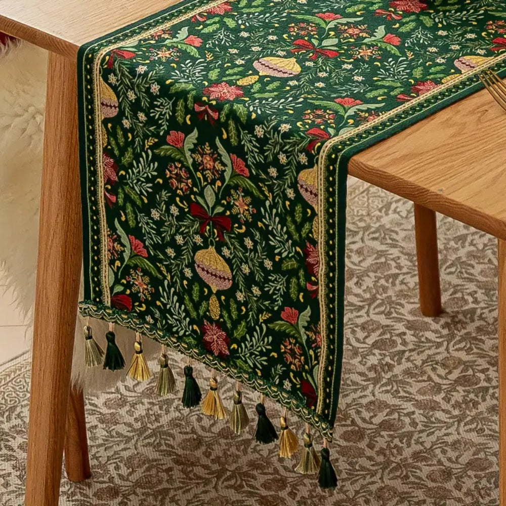 Wrinkle & Fade-Resistant Polyester Botanical Table Runner With Tassels