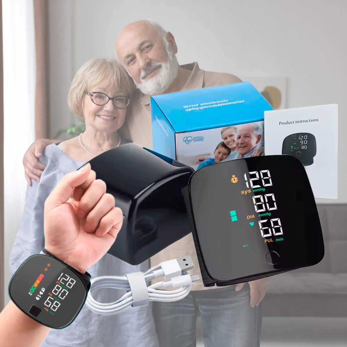 Wrist Blood Pressure Monitor USB-C Rechargeable 2-User Voice Readout