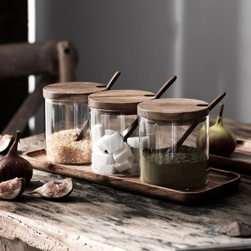 Rustic Charm Glass Spice Jar Collection with Wooden Tray