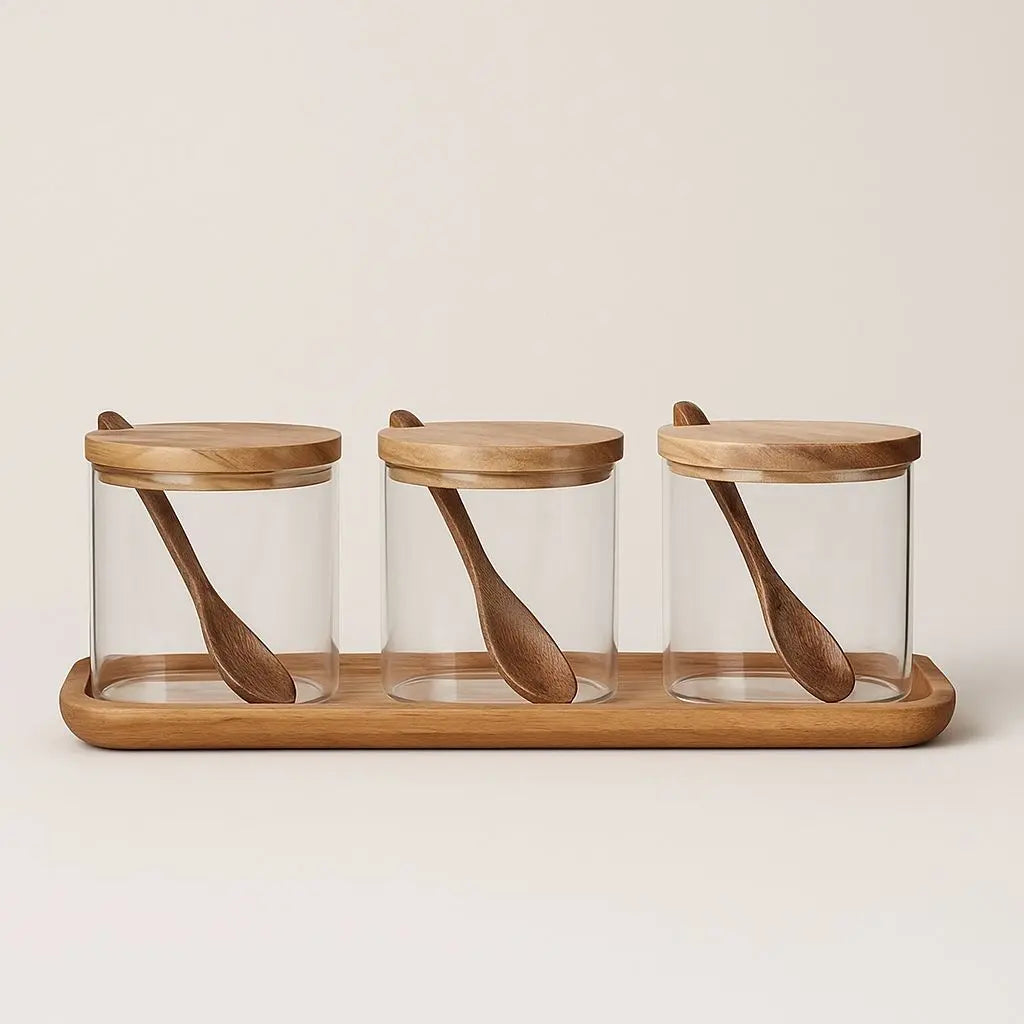 Rustic Charm Glass Spice Jar Collection with Wooden Tray