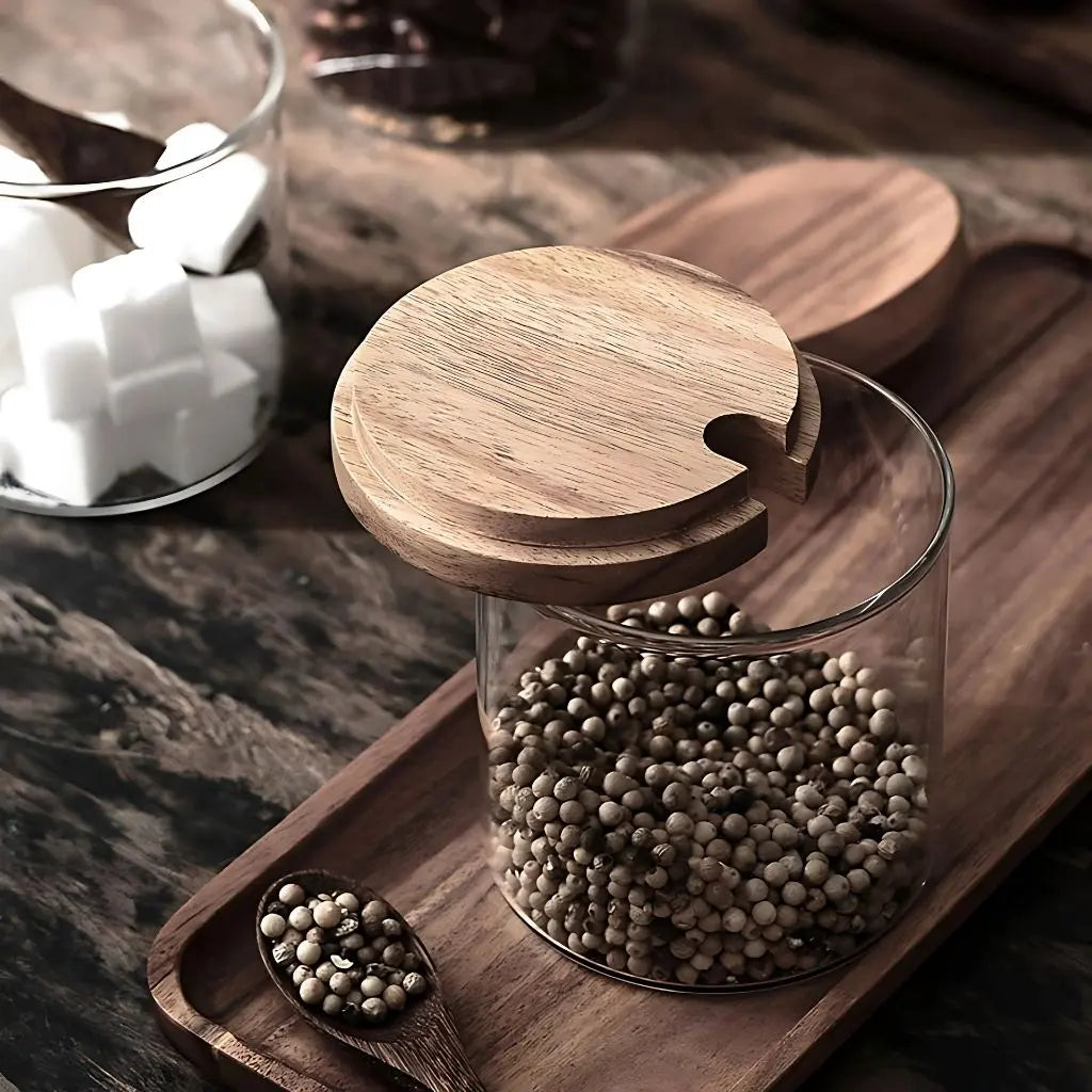 Rustic Charm Glass Spice Jar Collection with Wooden Tray