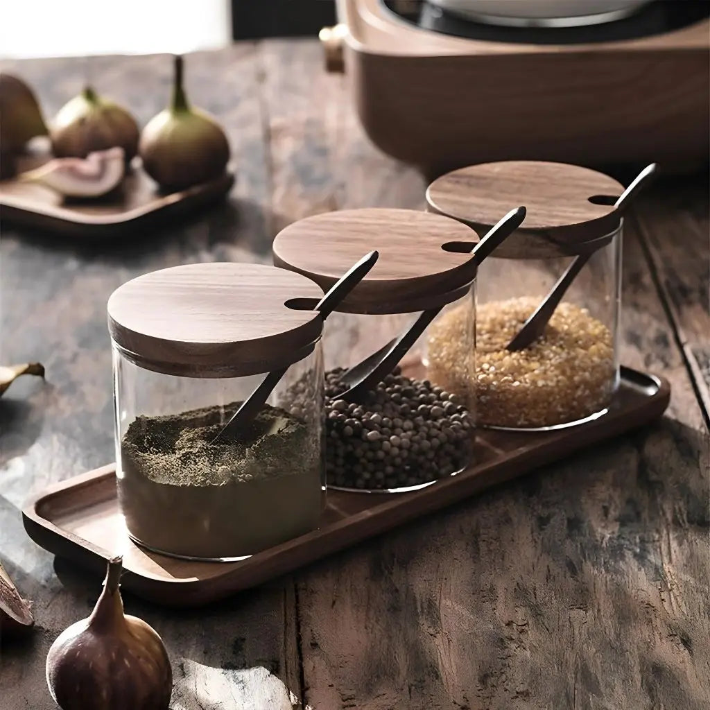 Rustic Charm Glass Spice Jar Collection with Wooden Tray