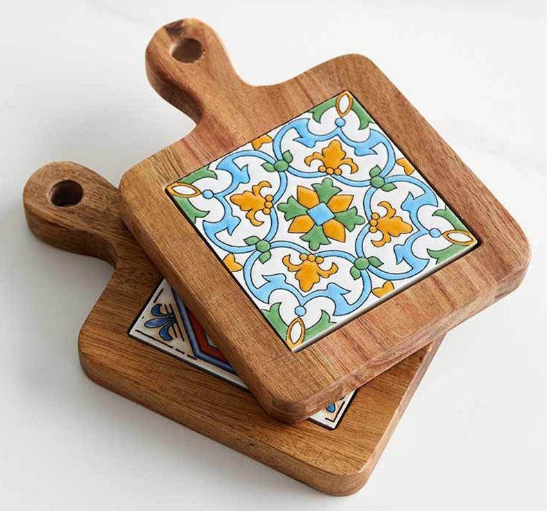 Stylish Heat-Resistant Drink Protector - Rustic Ceramic Coaster with Wood Base