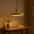 Pendant Light with Wooden Accent in Rustic Travertine Design