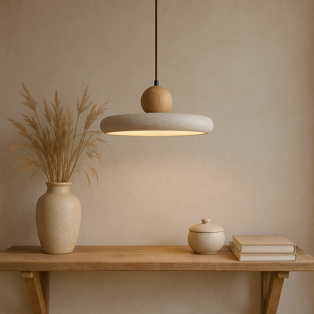Pendant Light with Wooden Accent in Rustic Travertine Design