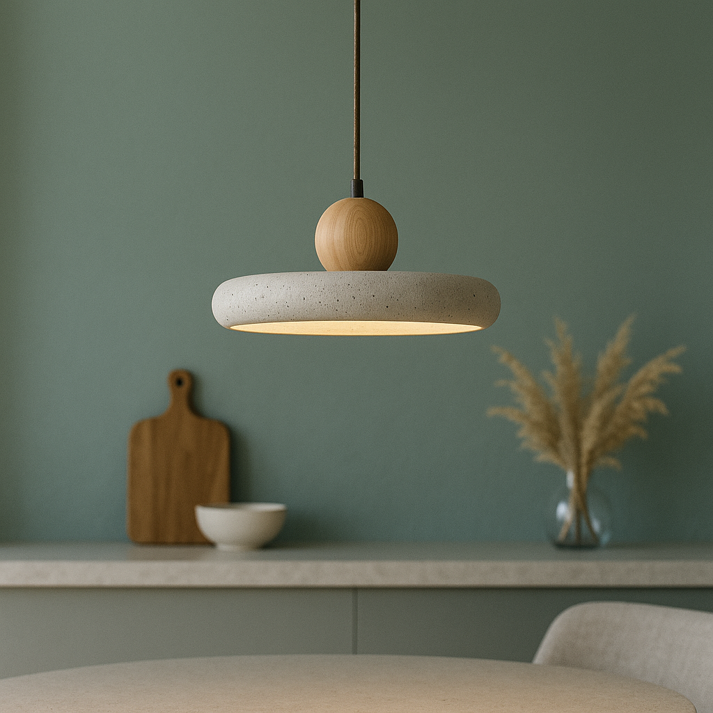 Pendant Light with Wooden Accent in Rustic Travertine Design