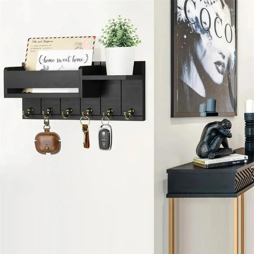Stylish Wooden Key Organizer with Shelf and Hooks