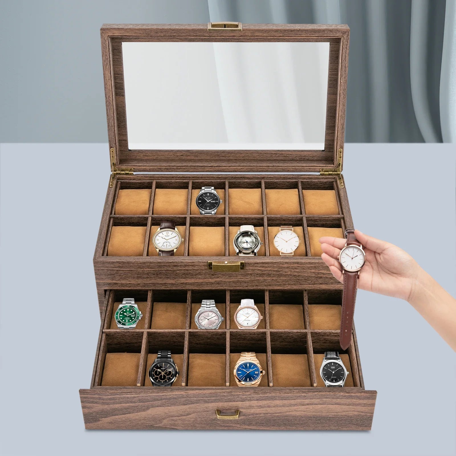 Elegant Dual-Layer Watch Organizer with 24 Compartments