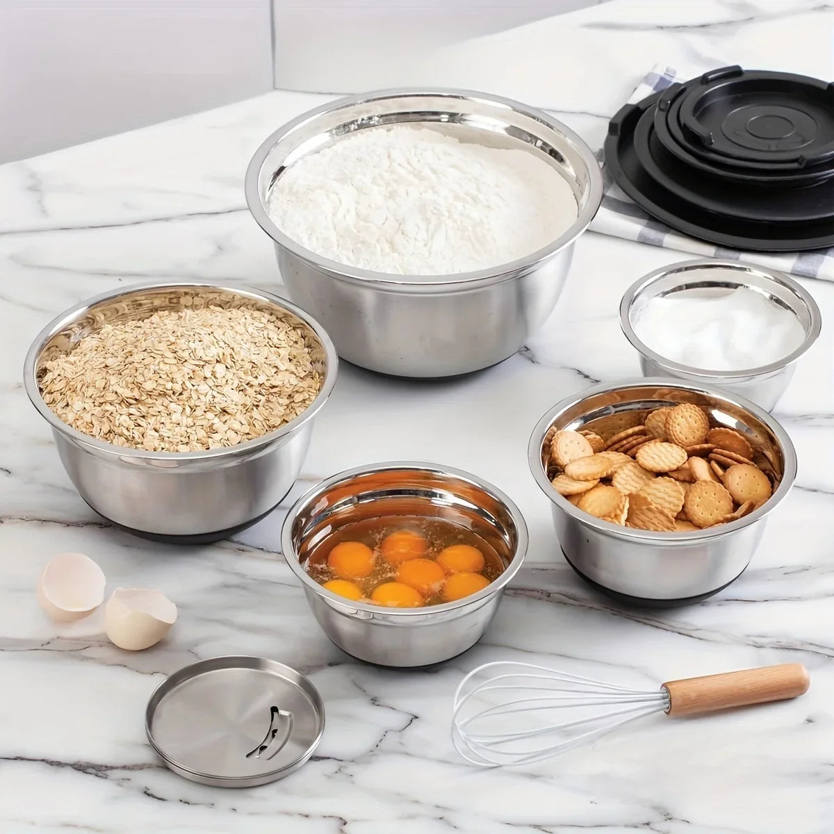 Ultimate Stainless Steel Mixing Bowl Set with Secure Lids & Grater Tools