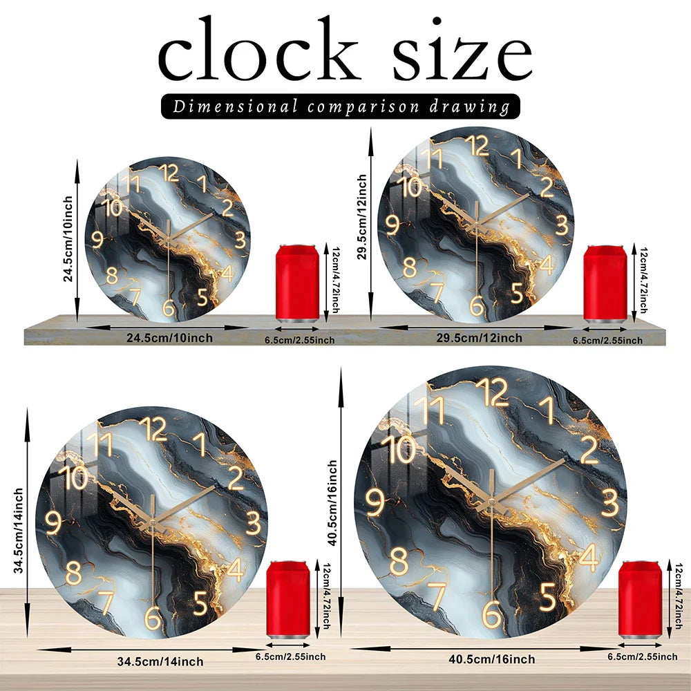 Silent Wooden Wall Clock in Blue and Gold Marble Finish