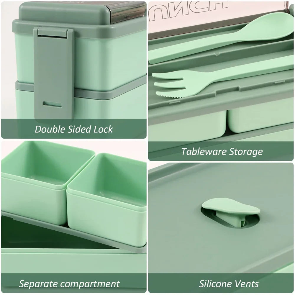 Double Layer Lunch Box 1400ml | Portable Food Container with Cutlery – Microwave Safe for Kids and Adults