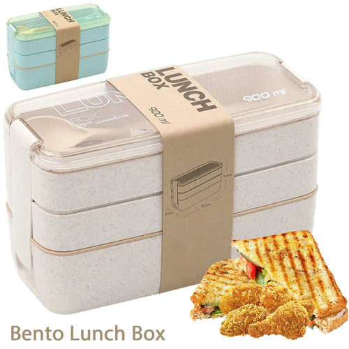 3-Tier Bento Lunch Box – 900 ml Made from Wheat Straw