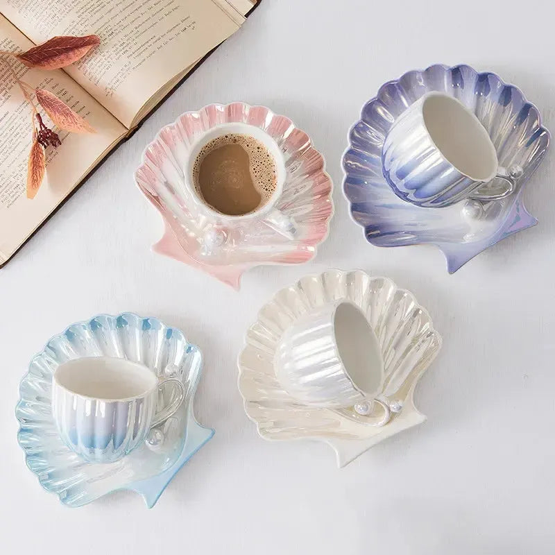 Ocean Pearl Elegance Ceramic Tea Cup Set - Coastal Inspired Design