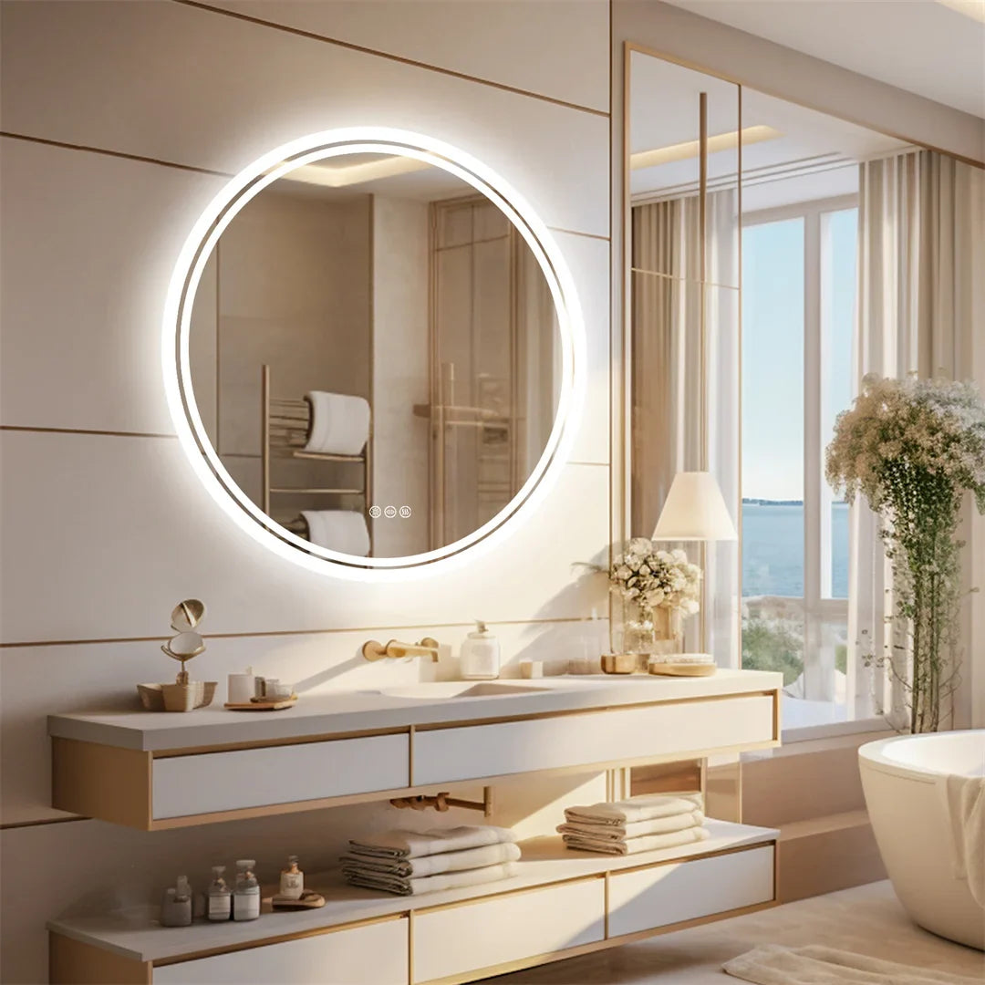 Round LED Bathroom Mirror with Anti-Fog and Dimmable Touch Control
