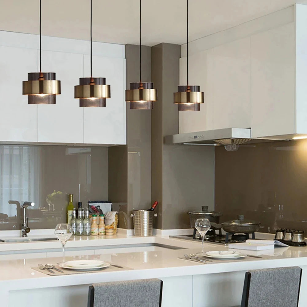 Contemporary Brass Cylinder Pendant Light with Nordic Glass