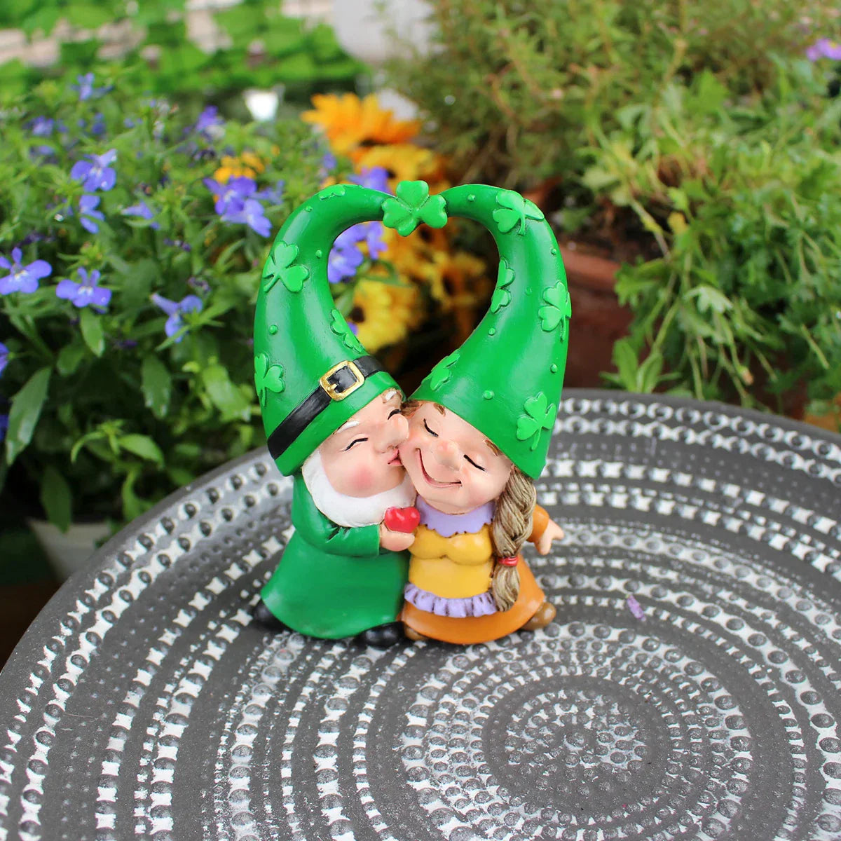 Couple Figurine of Garden Gnomes Wearing Heart and Clover Hats