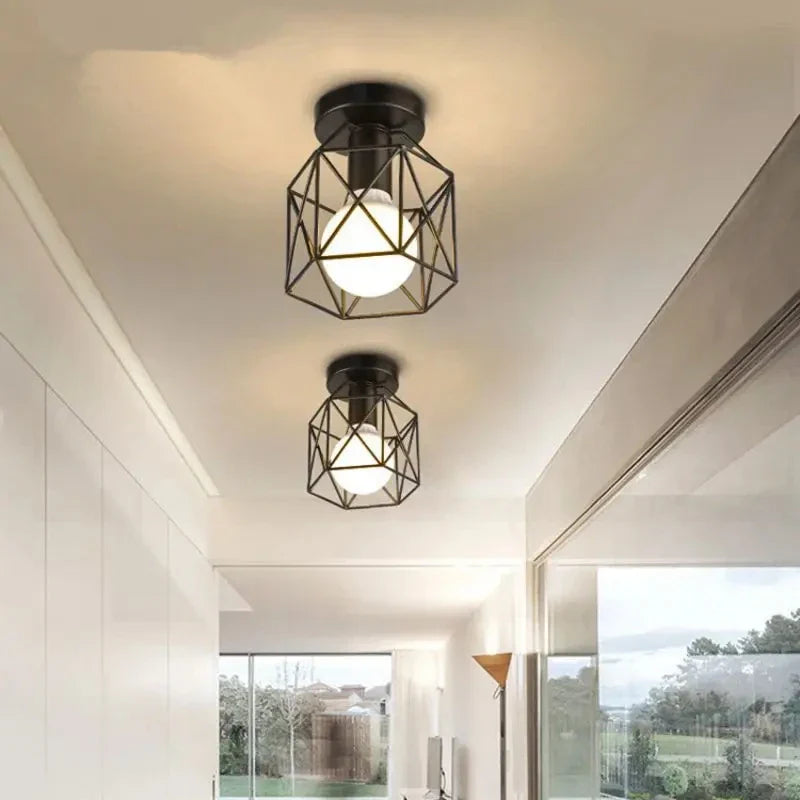Geometric Metal Cage Ceiling Light in Gold Finish