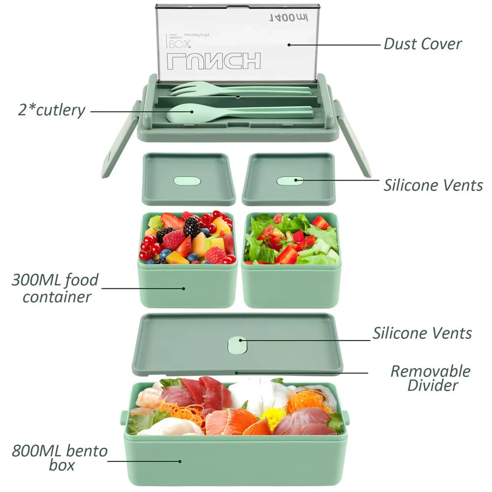 Double Layer Lunch Box 1400ml | Portable Food Container with Cutlery – Microwave Safe for Kids and Adults