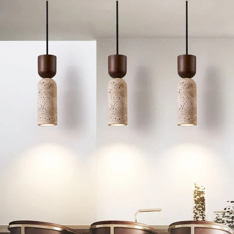 Minimalist Bedside Pendant Light in Travertine and Wood Design