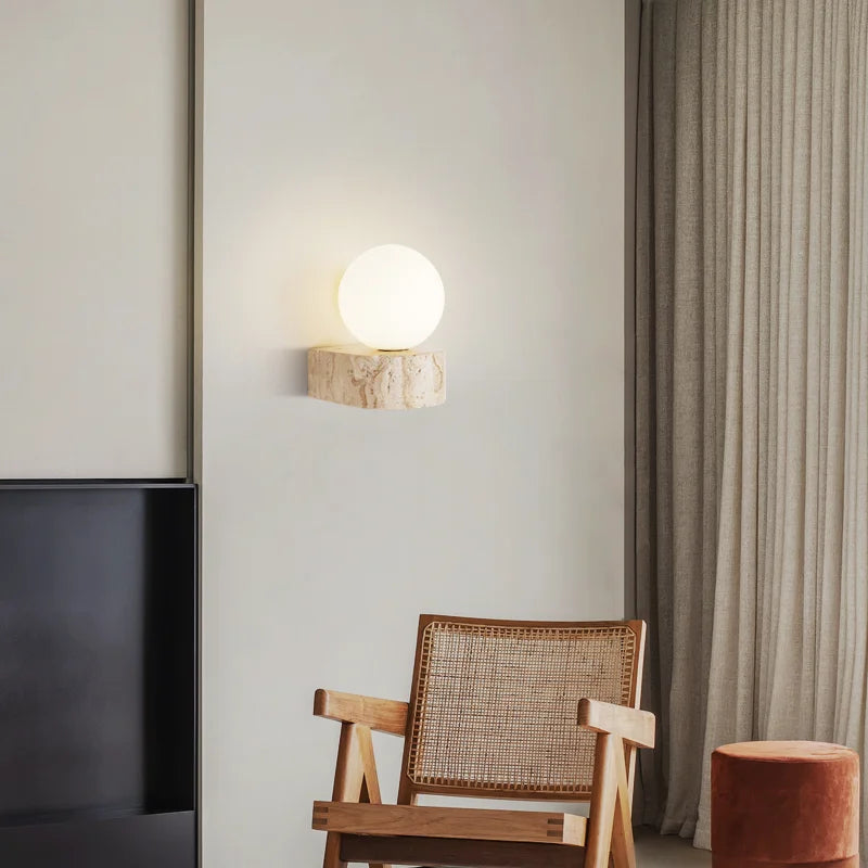 LED Wall Sconce in Modern Japanese Design with Travertine Stone