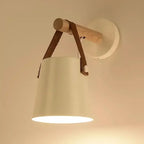 Hanging Bedside Light Fixture in Wood and Leather Design
