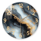 Silent Wooden Wall Clock in Blue and Gold Marble Finish