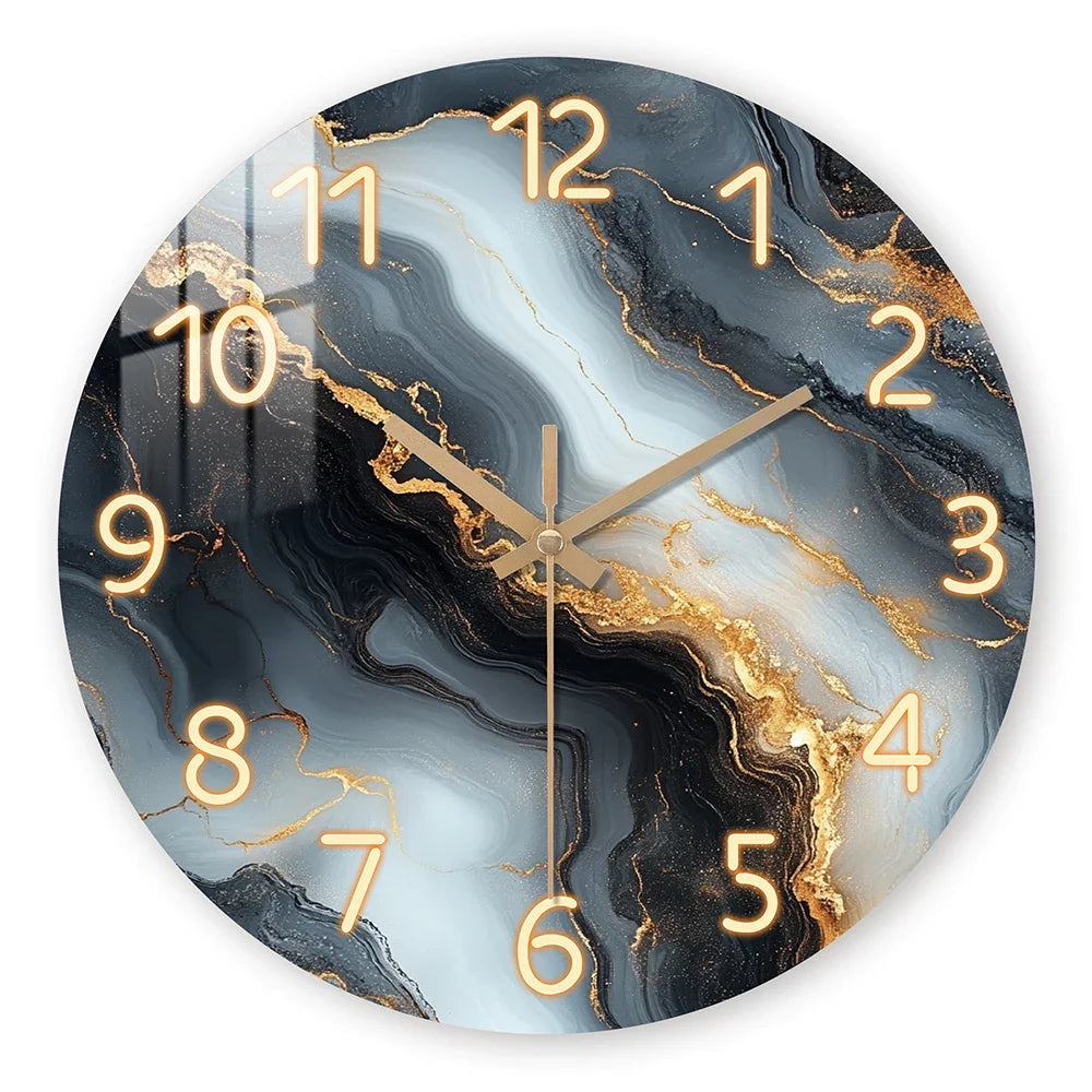 Silent Wooden Wall Clock in Blue and Gold Marble Finish