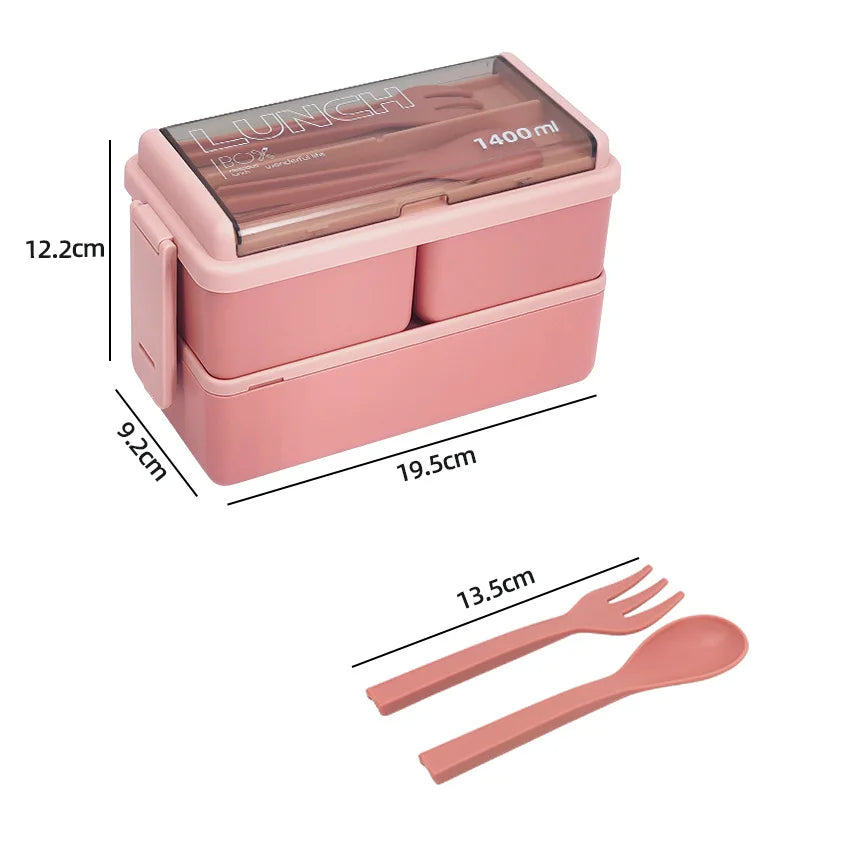 Double Layer Lunch Box 1400ml | Portable Food Container with Cutlery – Microwave Safe for Kids and Adults