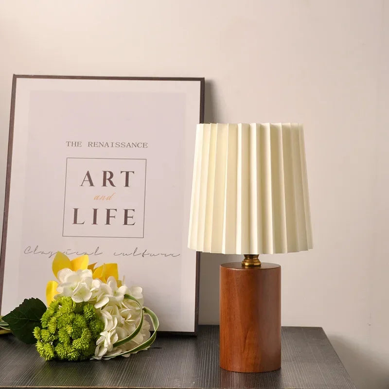 Pleated Table Lamp with Nordic Wood Base – Medieval Style