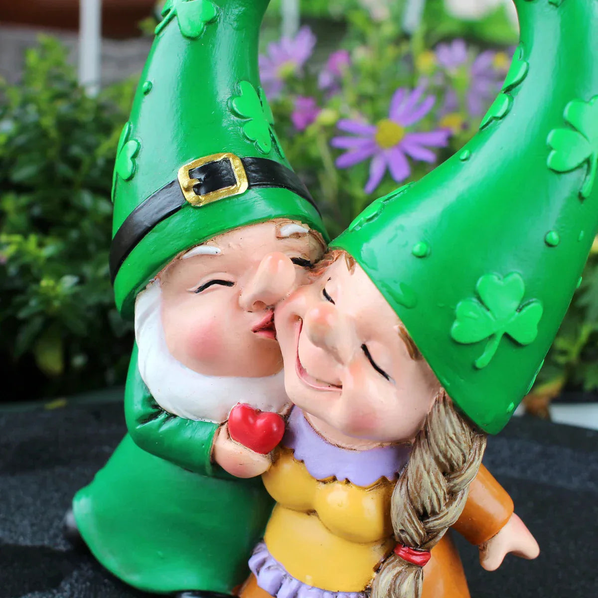 Couple Figurine of Garden Gnomes Wearing Heart and Clover Hats