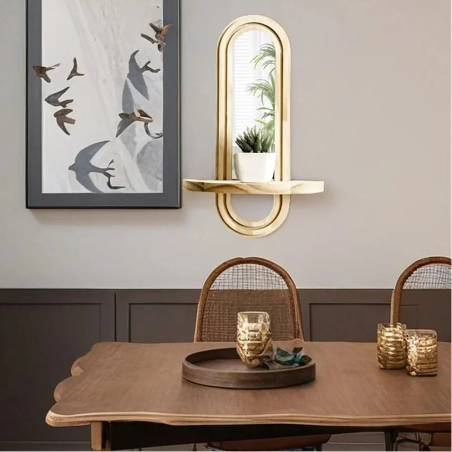 Chic Archway Wall Mirror with Built-In Wooden Display Shelf