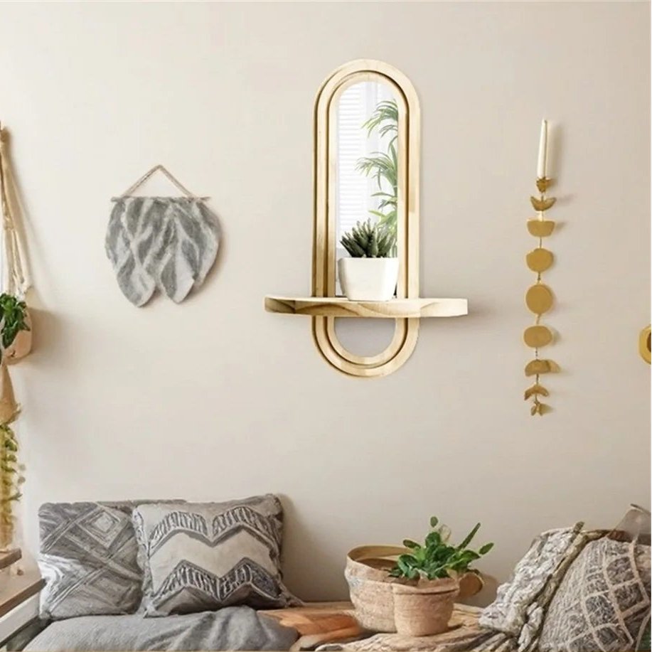 Chic Archway Wall Mirror with Built-In Wooden Display Shelf