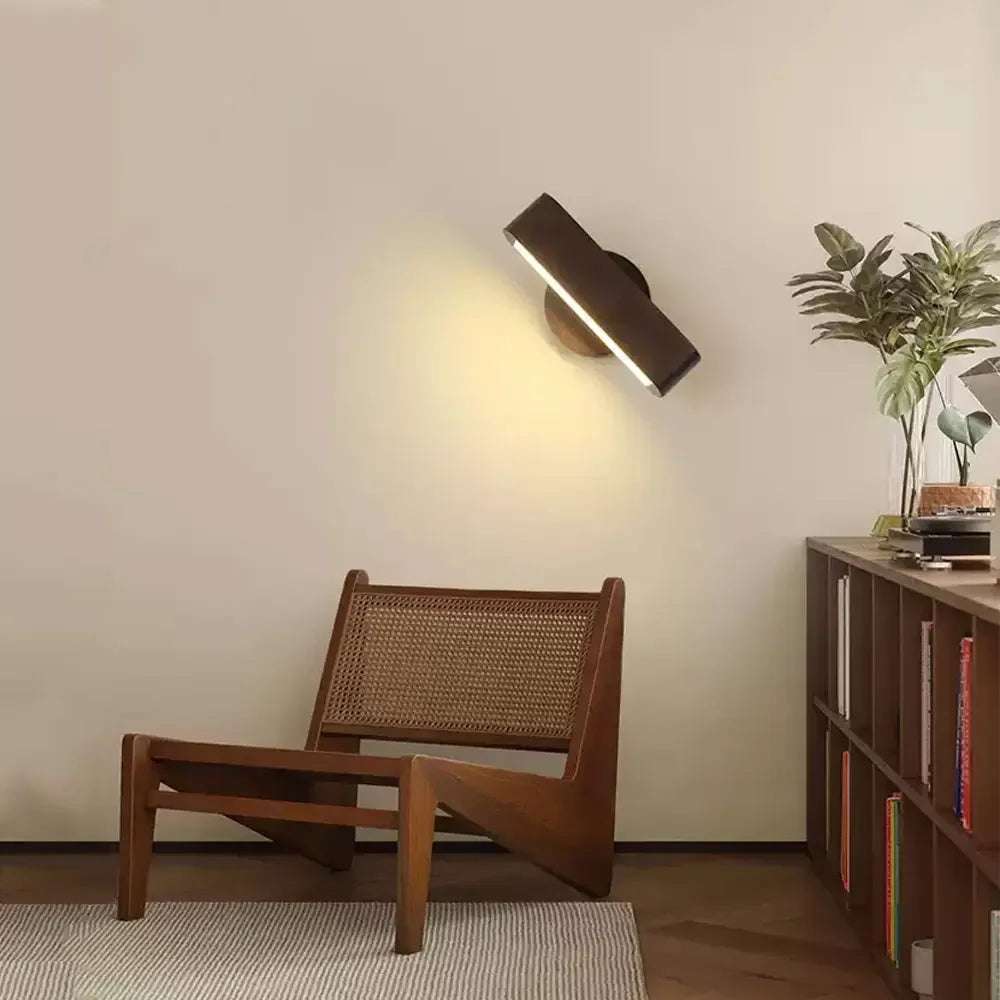 Japanese Design Wall Lamp with Rotating Feature in Solid Wood and Aluminum