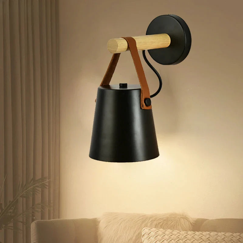 Hanging Bedside Light Fixture in Wood and Leather Design