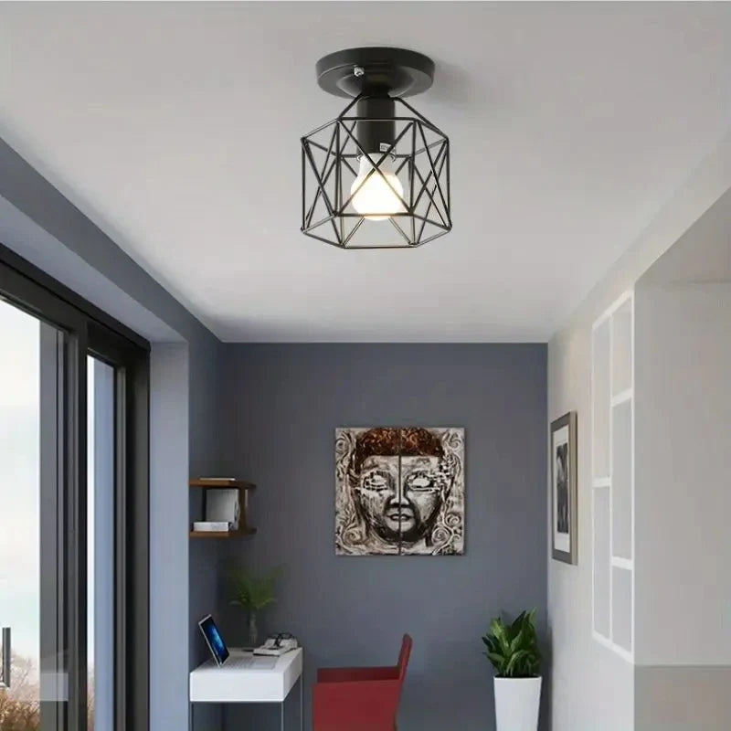 Geometric Metal Cage Ceiling Light in Gold Finish