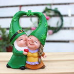 Couple Figurine of Garden Gnomes Wearing Heart and Clover Hats
