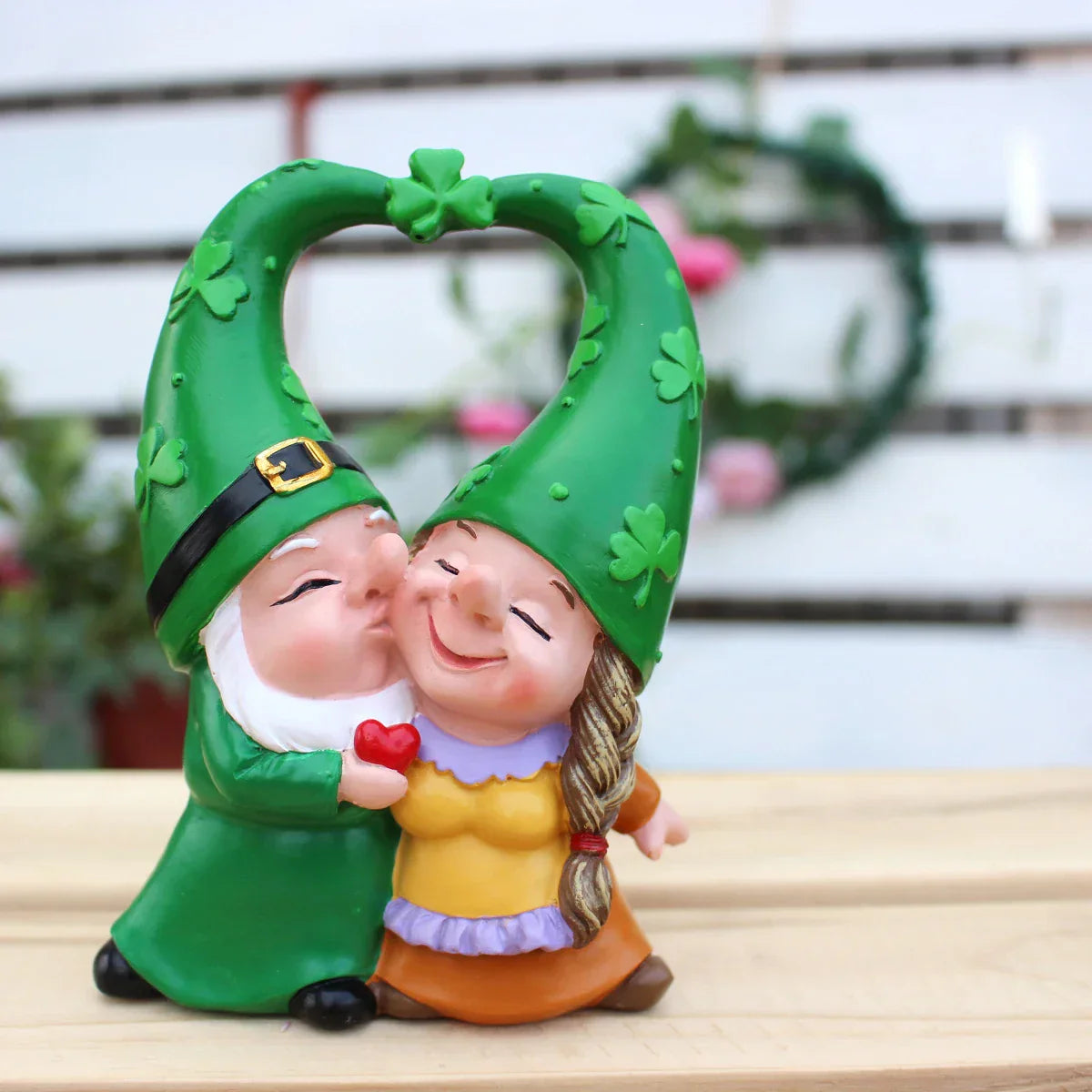 Couple Figurine of Garden Gnomes Wearing Heart and Clover Hats