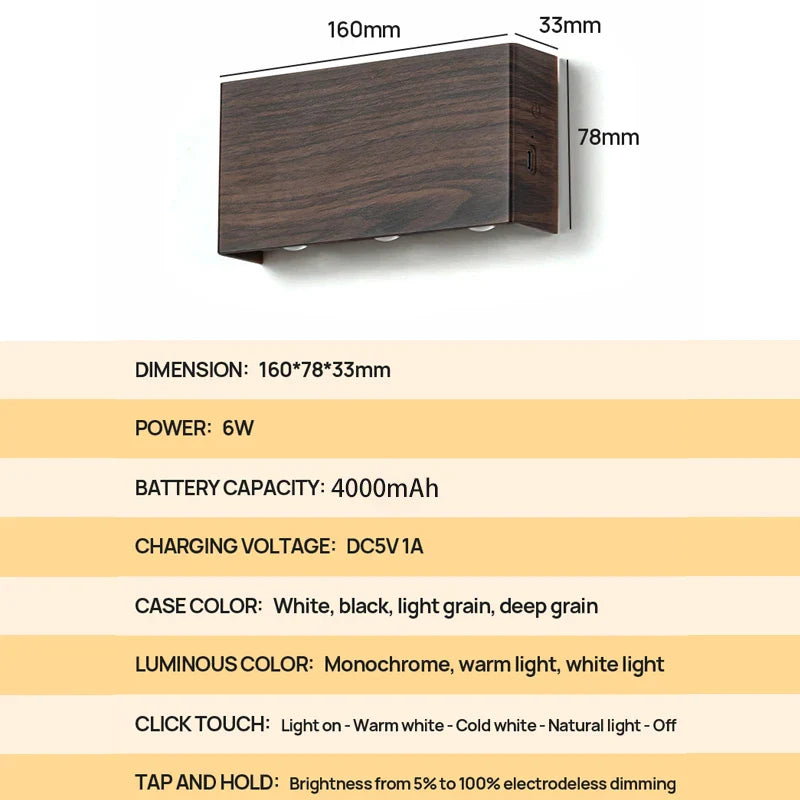 Rechargeable Wall Light with Minimalist Wood Finish