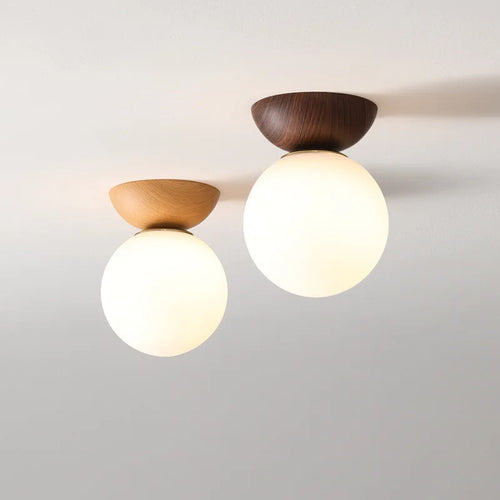 Ceiling and Pendant Light with Glass Ball Design and Wooden Finish