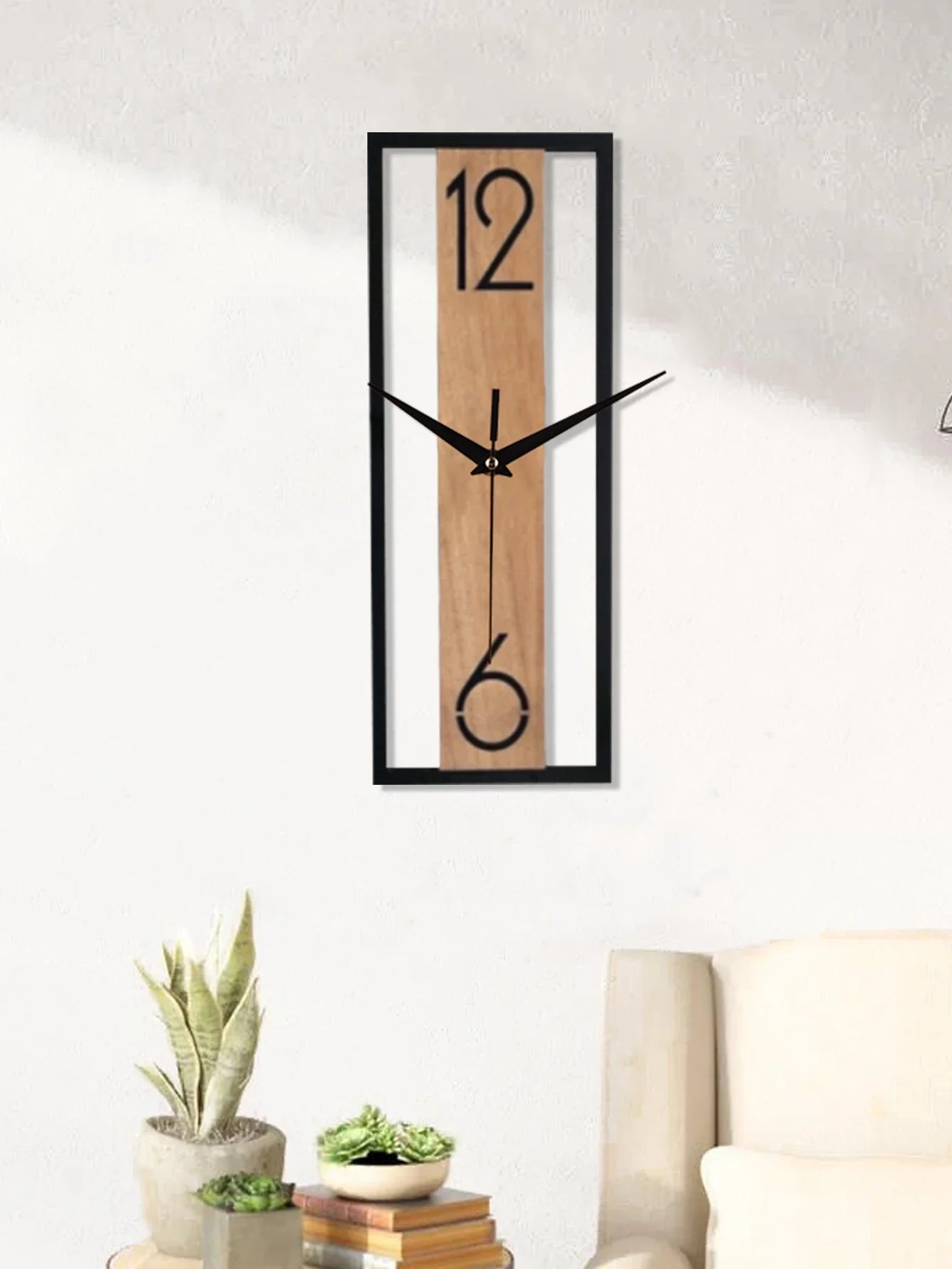 Sleek Rectangular Wall Clock with Wooden Grain Frame